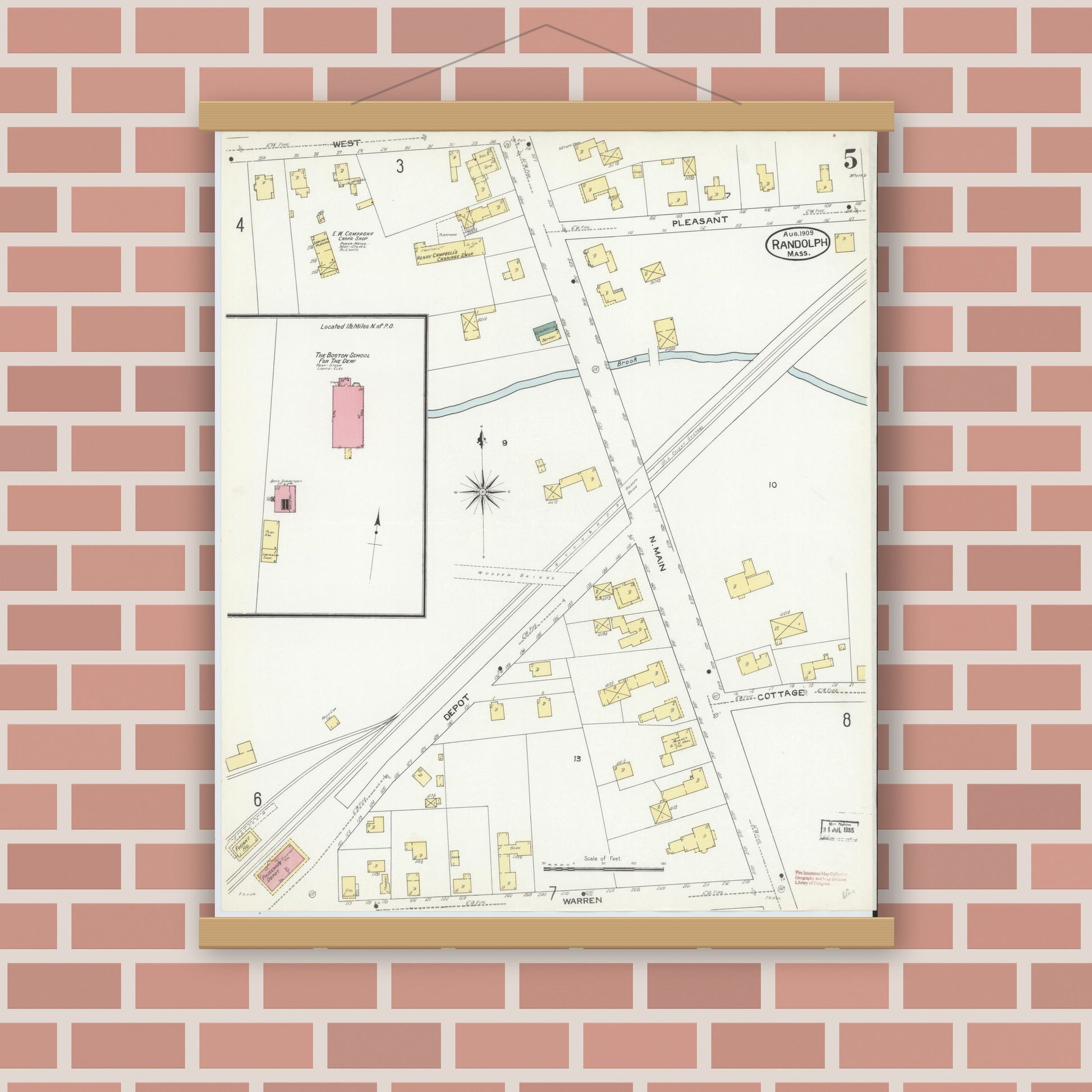 Old map wall art mockup — magnetic wood frame on brick wall — Sanborn Fire Insurance Map from Randolph, Norfolk County, Massachusetts (1909), Sheet #0005