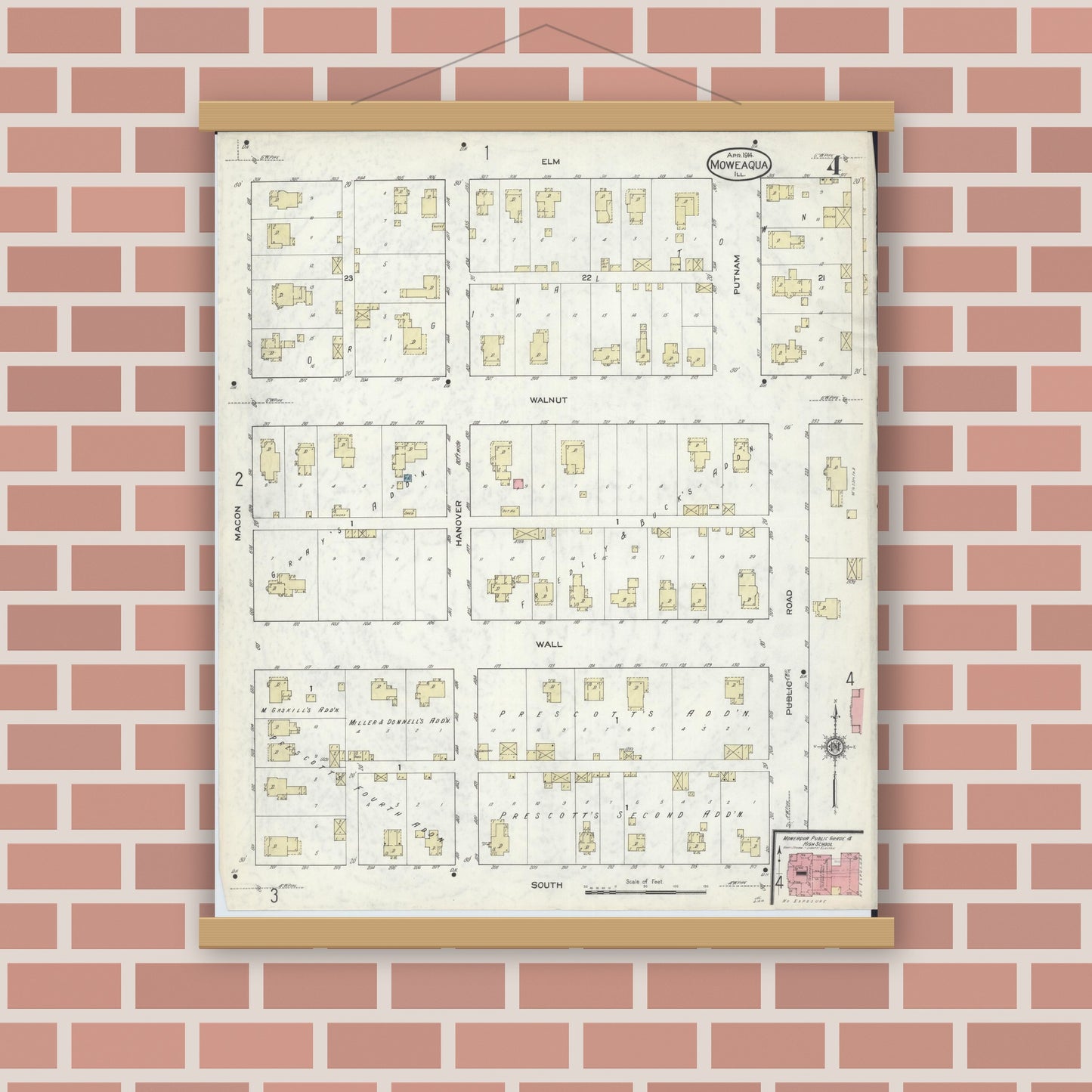Old map wall art mockup — magnetic wood frame on brick wall — Sanborn Fire Insurance Map from Moweaqua, Shelby County, Illinois (1914), Sheet #0004