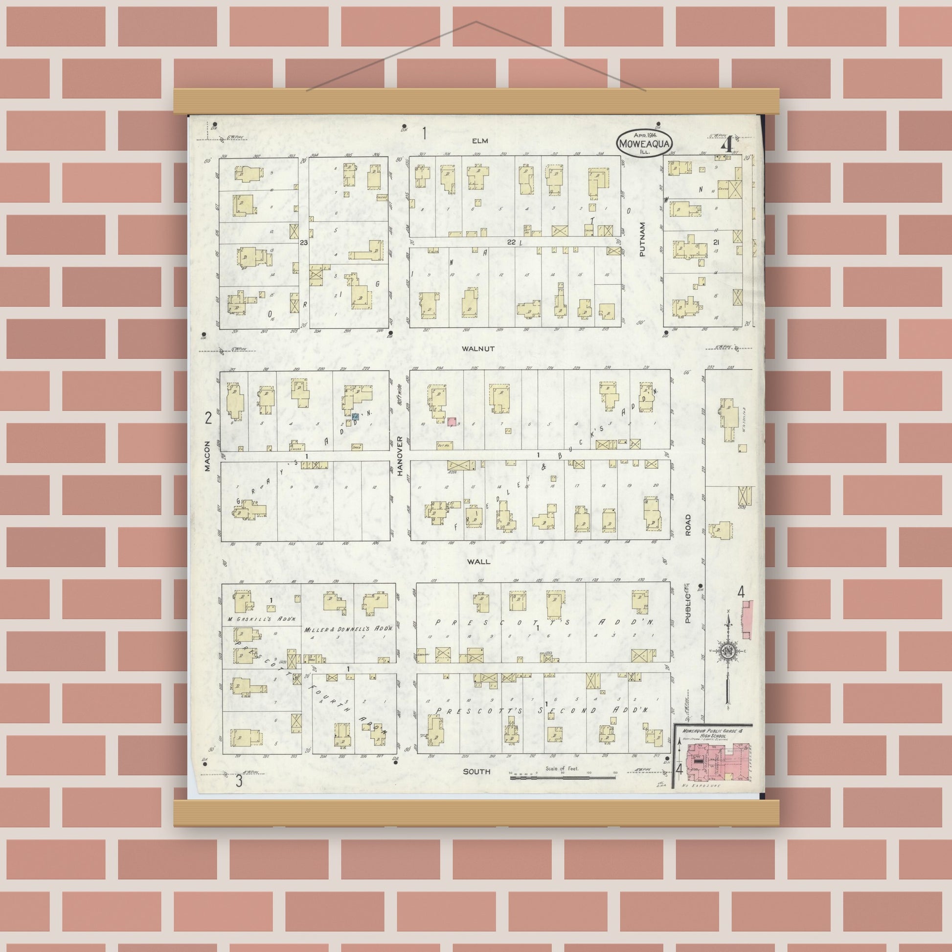 Old map wall art mockup — magnetic wood frame on brick wall — Sanborn Fire Insurance Map from Moweaqua, Shelby County, Illinois (1914), Sheet #0004