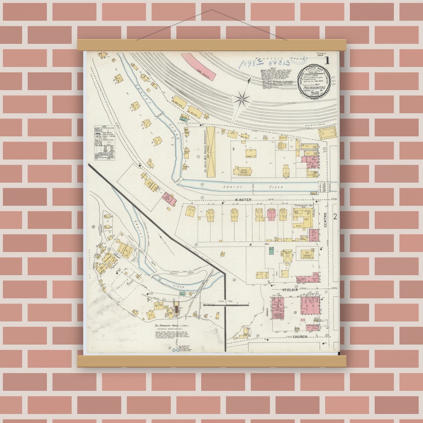 Old map wall art mockup — magnetic wood frame on brick wall — Sanborn Fire Insurance Map from Pocahontas, Tazewell County, Virginia (1898) - Complete Map Set