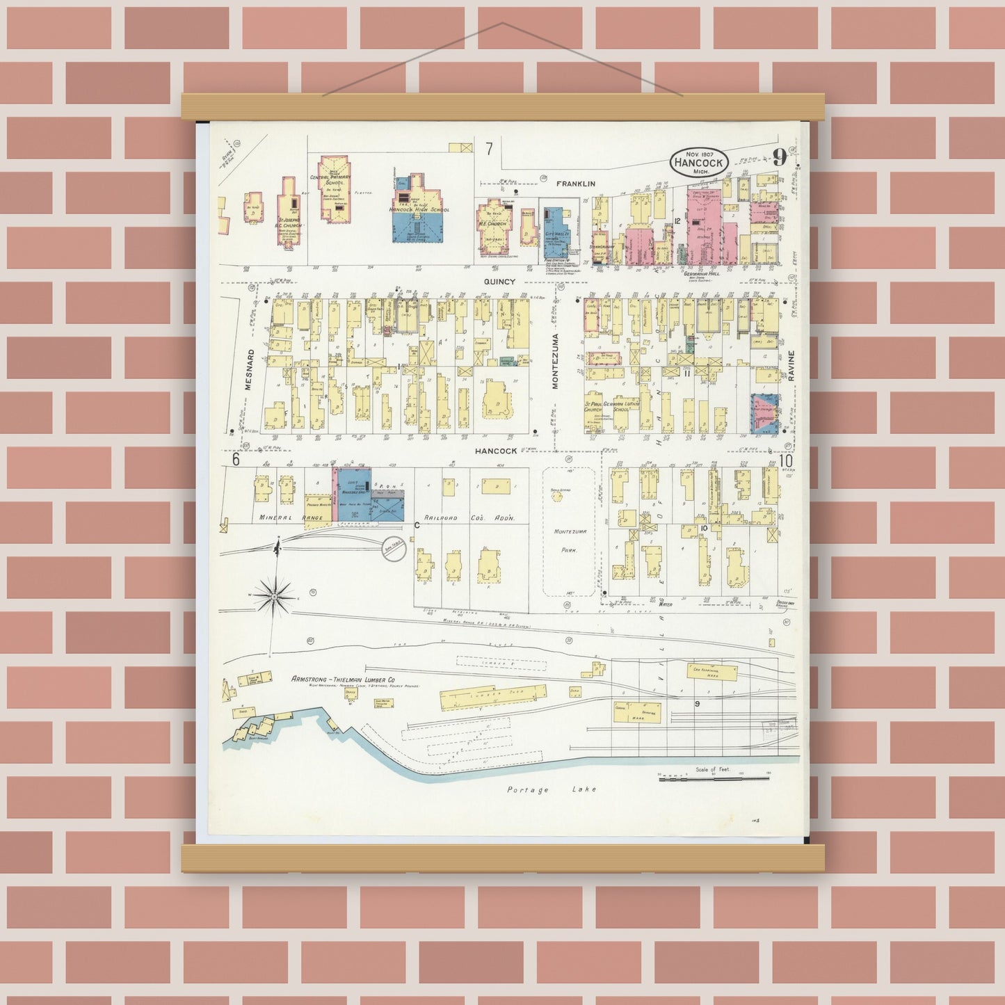 Old map wall art mockup — magnetic wood frame on brick wall — Sanborn Fire Insurance Map from Hancock, Houghton County, Michigan (1907), Sheet #0009