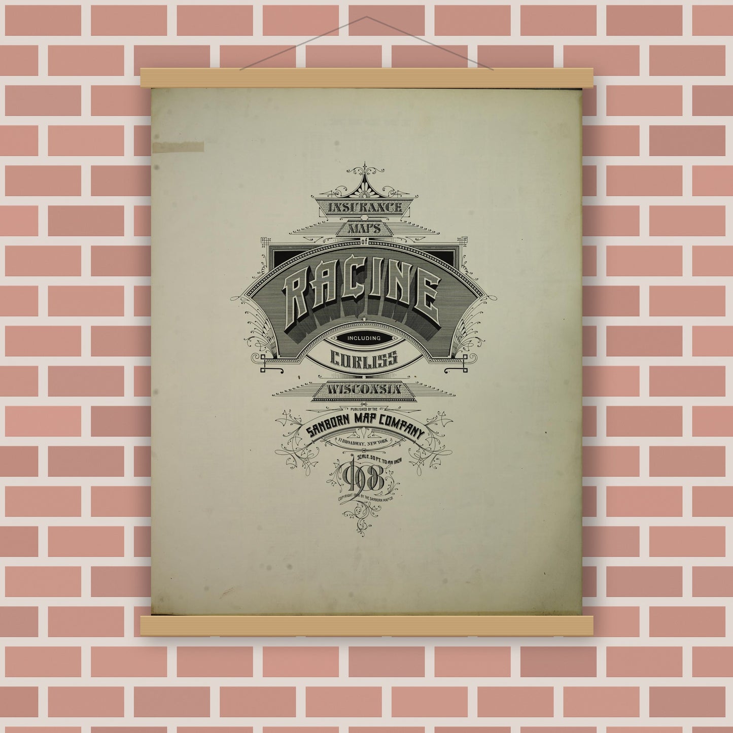 Old map wall art mockup — magnetic wood frame on brick wall — Sanborn Fire Insurance Map from Racine, Racine County, Wisconsin (1908), Sheet #0001