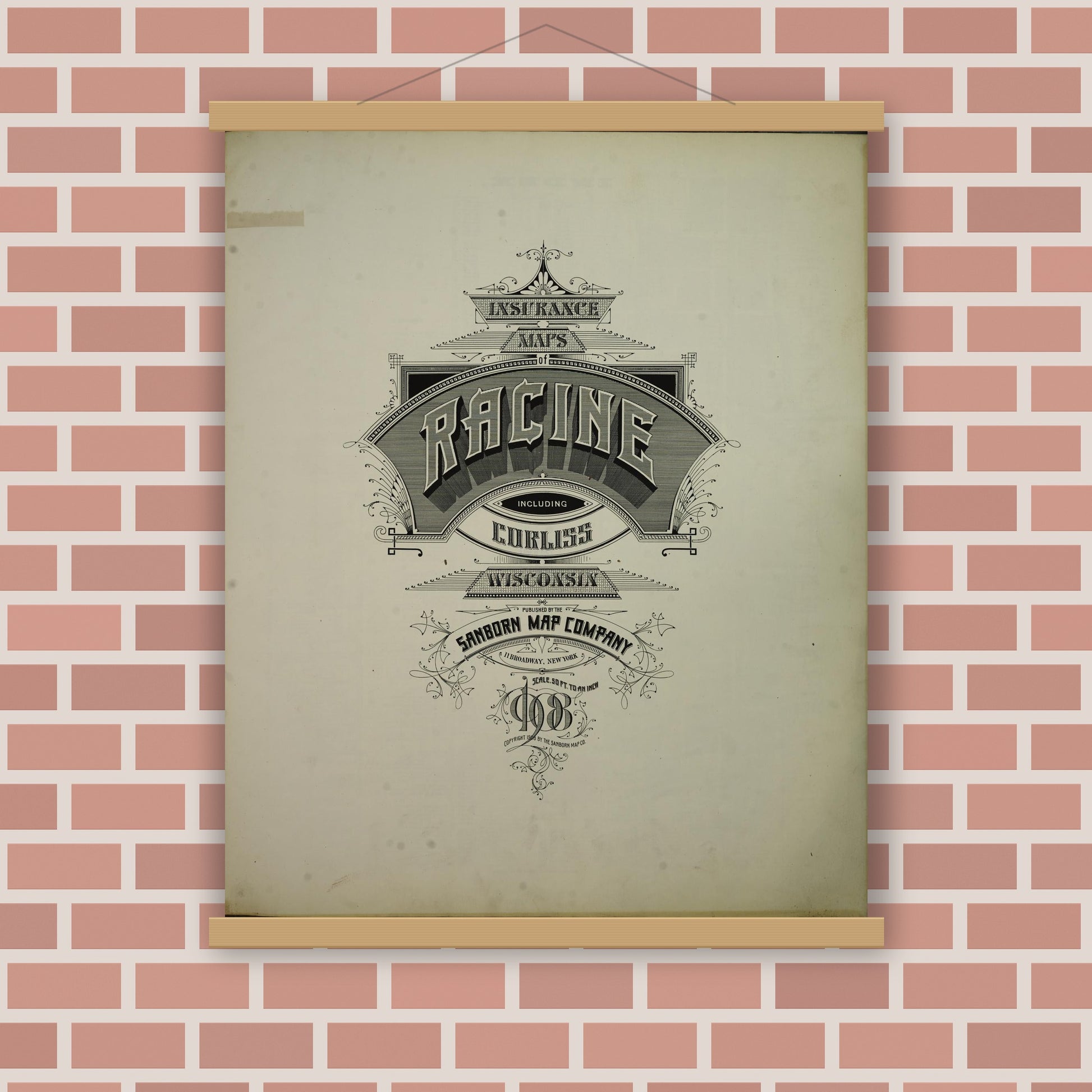 Old map wall art mockup — magnetic wood frame on brick wall — Sanborn Fire Insurance Map from Racine, Racine County, Wisconsin (1908), Sheet #0001