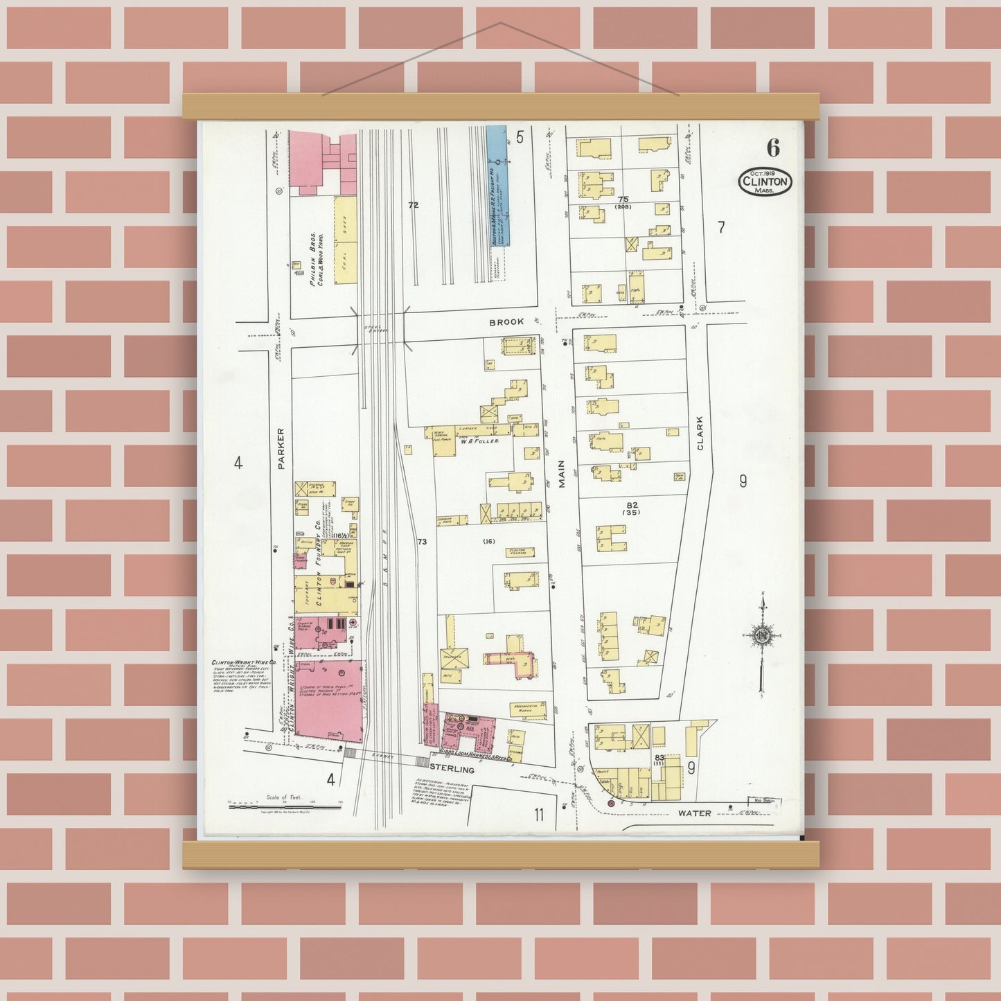 Old map wall art mockup — magnetic wood frame on brick wall — Sanborn Fire Insurance Map from Clinton, Worcester County, Massachusetts (1919), Sheet #0006