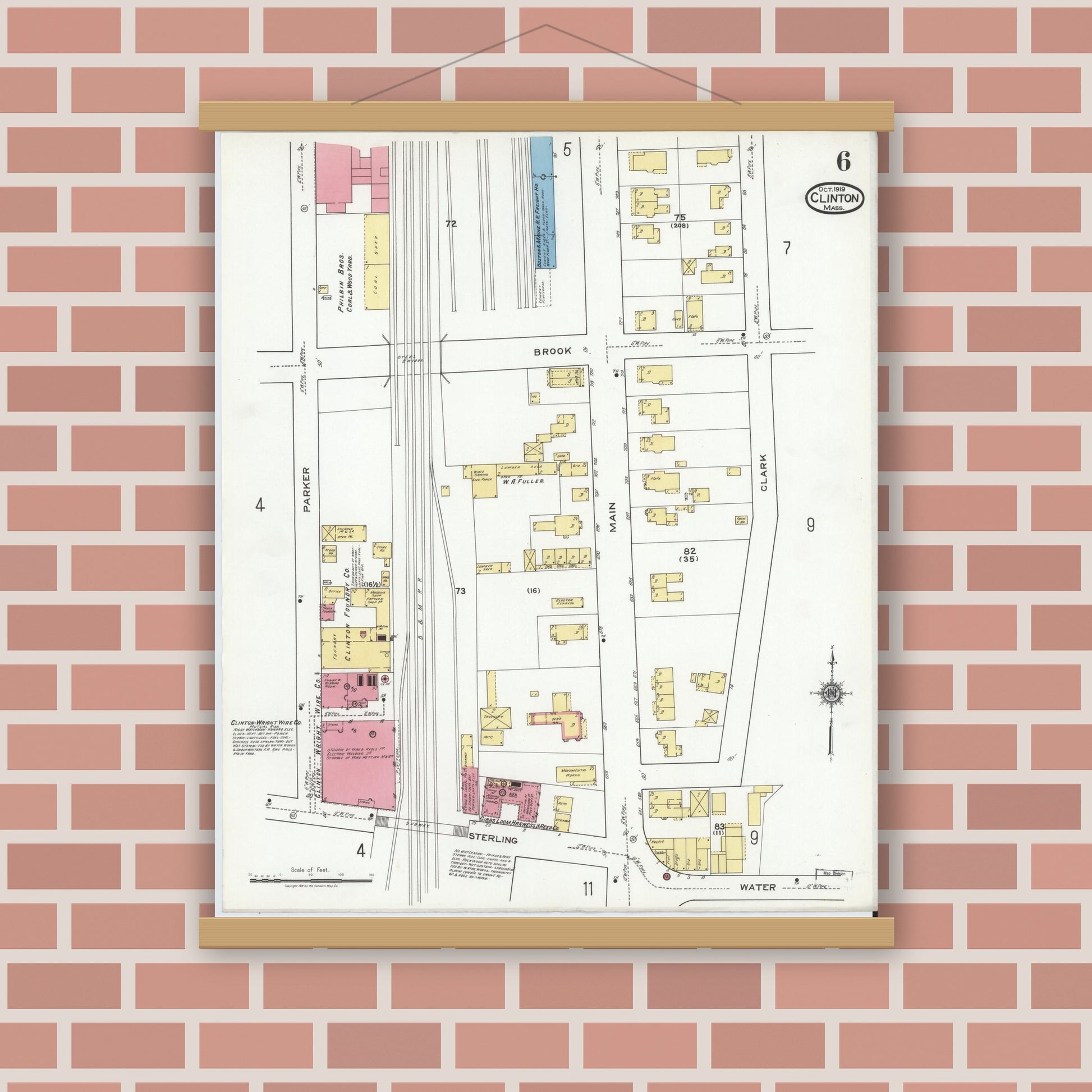 Old map wall art mockup — magnetic wood frame on brick wall — Sanborn Fire Insurance Map from Clinton, Worcester County, Massachusetts (1919), Sheet #0006