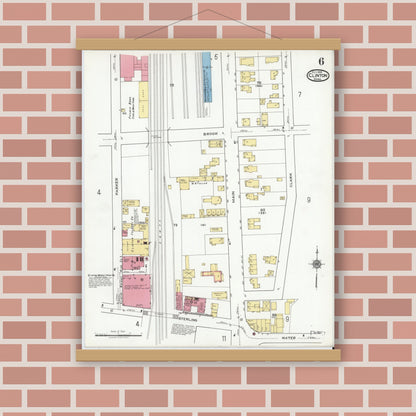 Old map wall art mockup — magnetic wood frame on brick wall — Sanborn Fire Insurance Map from Clinton, Worcester County, Massachusetts (1919), Sheet #0006