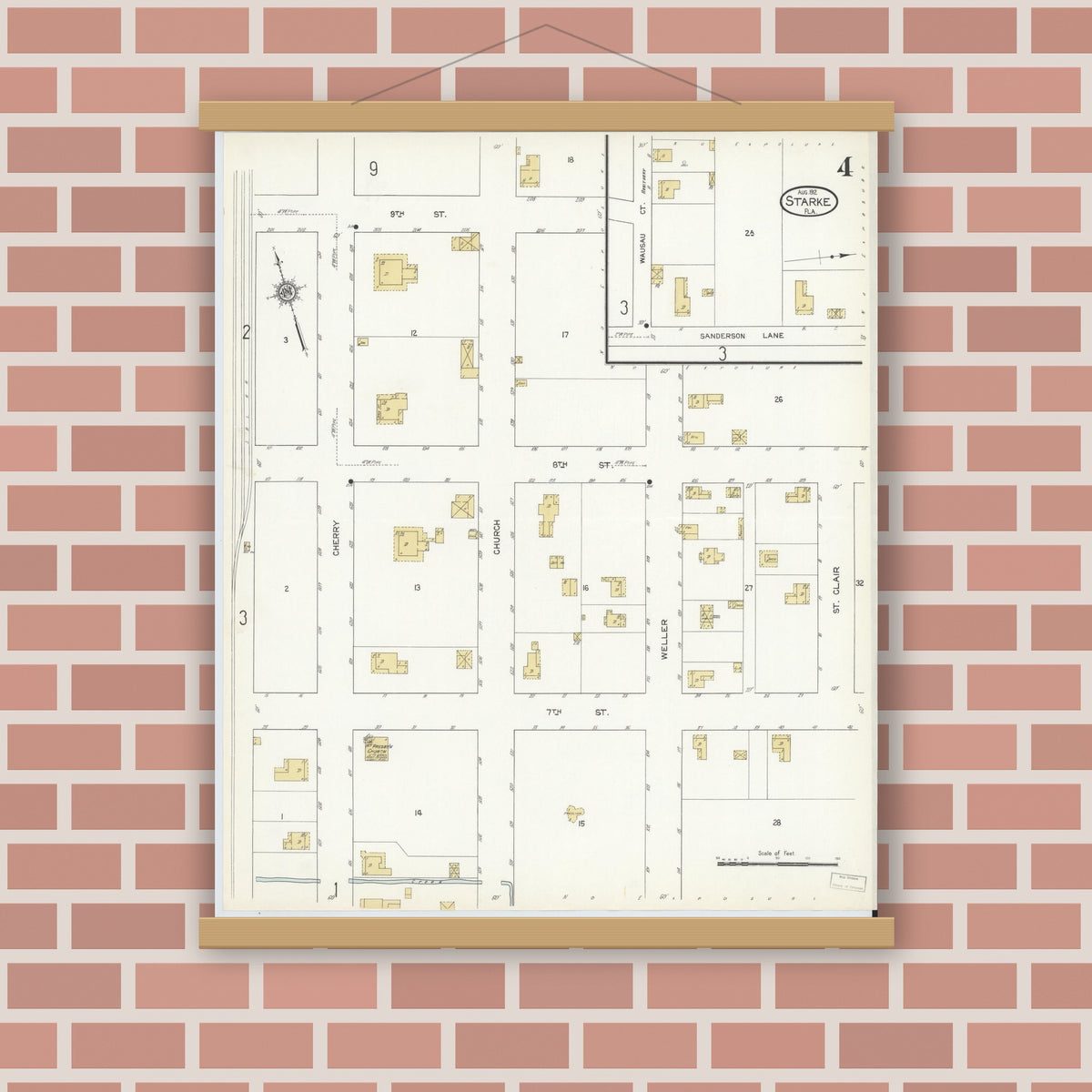 Old map wall art mockup — magnetic wood frame on brick wall — Sanborn Fire Insurance Map from Starke, Bradford County, Florida (1912), Sheet #0004