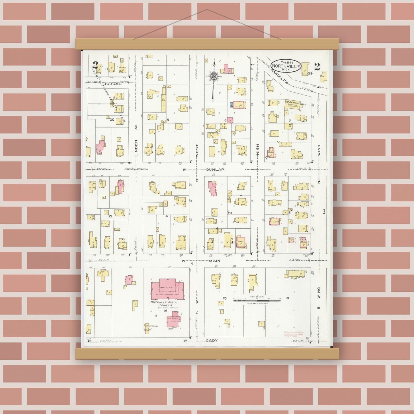 Old map wall art mockup — magnetic wood frame on brick wall — Sanborn Fire Insurance Map from Northville, Wayne County, Michigan (1926), Sheet #0002