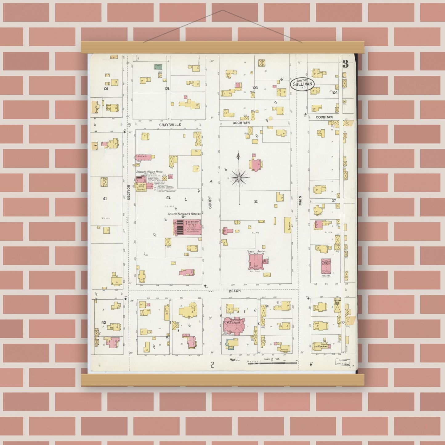 Old map wall art mockup — magnetic wood frame on brick wall — Sanborn Fire Insurance Map from Sullivan, Sullivan County, Indiana (1902), Sheet #0003