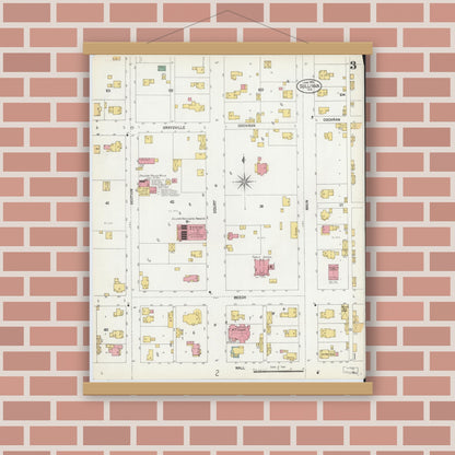 Old map wall art mockup — magnetic wood frame on brick wall — Sanborn Fire Insurance Map from Sullivan, Sullivan County, Indiana (1902), Sheet #0003
