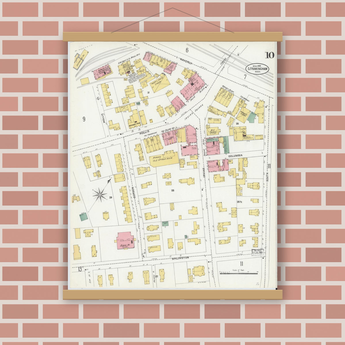 Old map wall art mockup — magnetic wood frame on brick wall — Sanborn Fire Insurance Map from South Farmington, Middlesex County, Massachusetts (1903), Sheet #0010