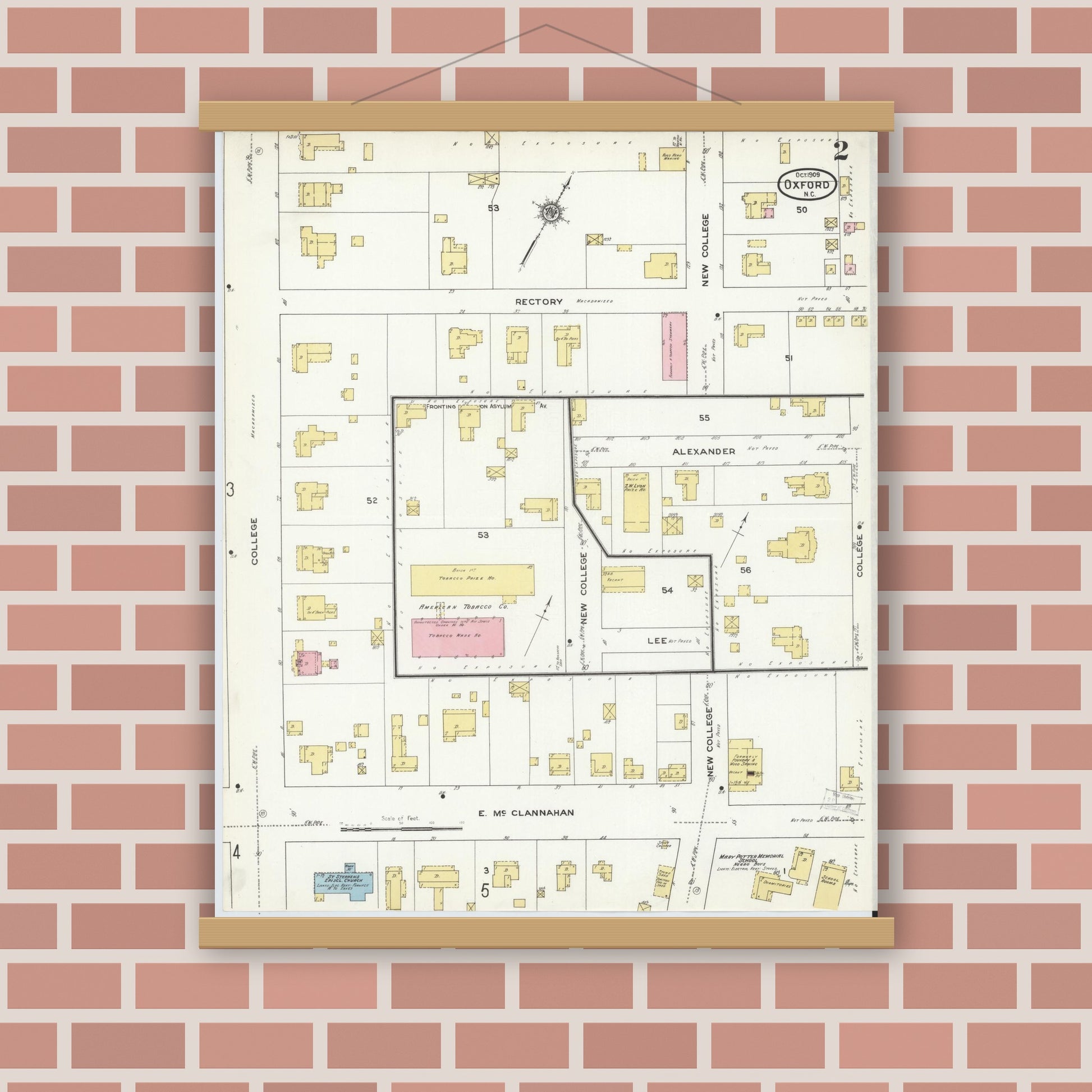 Old map wall art mockup — magnetic wood frame on brick wall — Sanborn Fire Insurance Map from Oxford, Granville County, North Carolina (1909), Sheet #0002