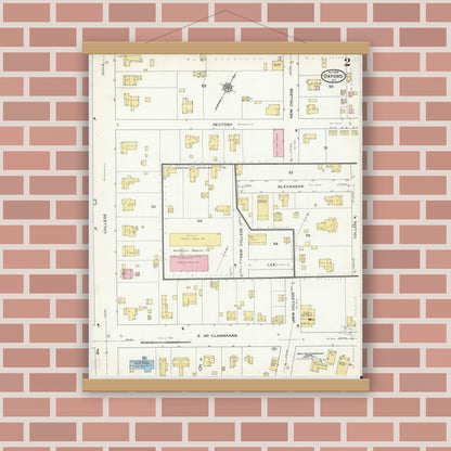 Old map wall art mockup — magnetic wood frame on brick wall — Sanborn Fire Insurance Map from Oxford, Granville County, North Carolina (1909), Sheet #0002