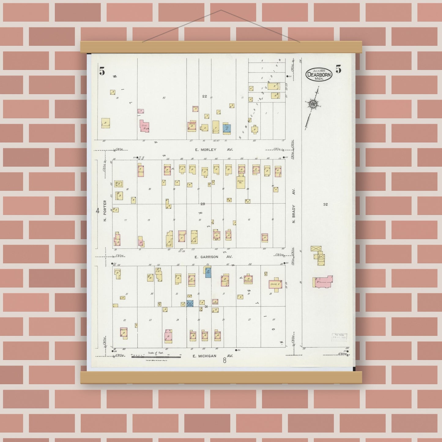 Old map wall art mockup — magnetic wood frame on brick wall — Sanborn Fire Insurance Map from Dearborn, Wayne County, Michigan (1924), Sheet #0005