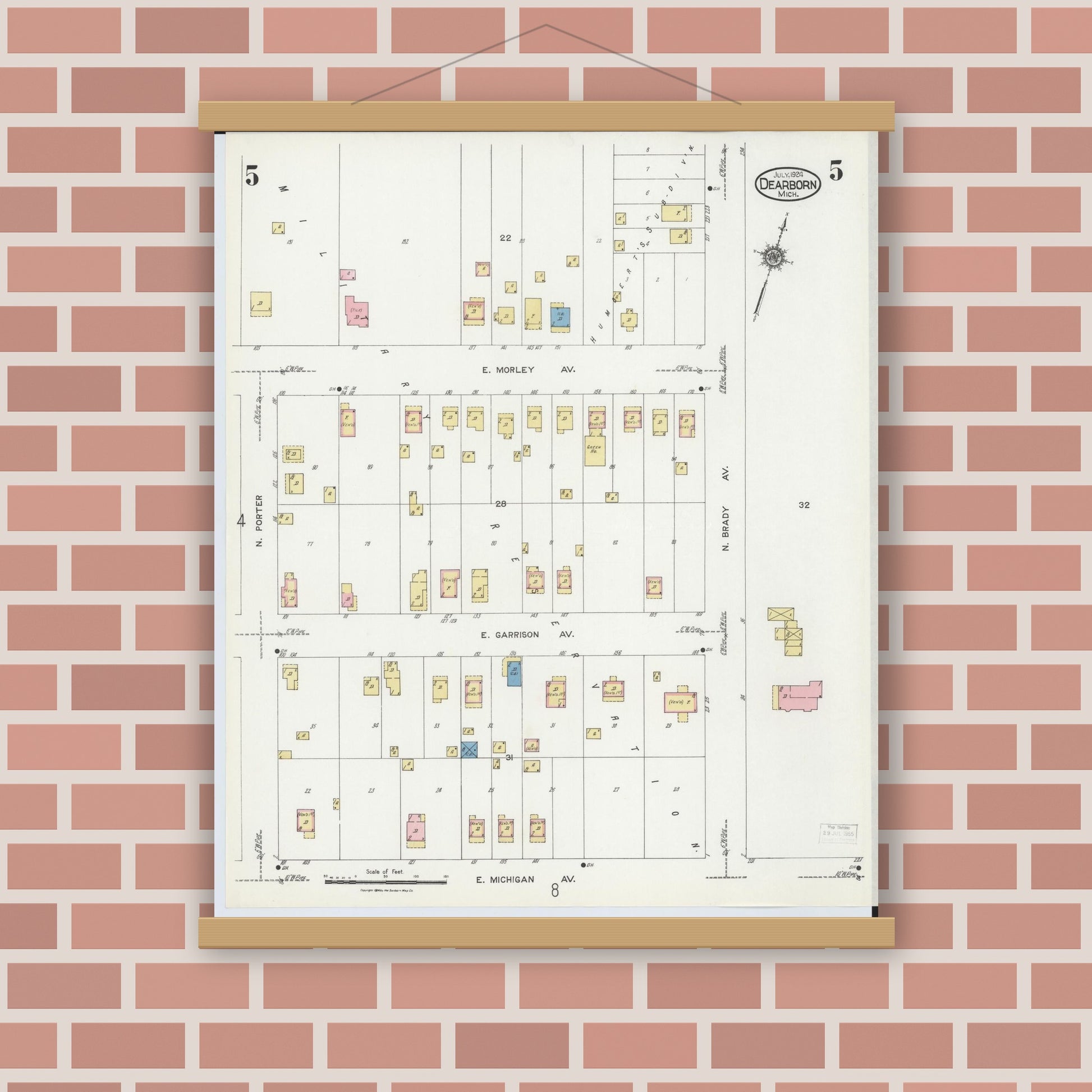Old map wall art mockup — magnetic wood frame on brick wall — Sanborn Fire Insurance Map from Dearborn, Wayne County, Michigan (1924), Sheet #0005