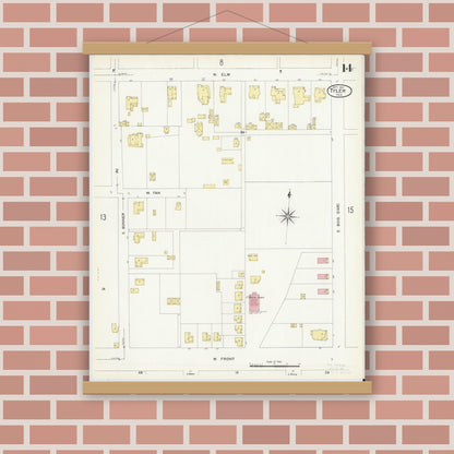 Old map wall art mockup — magnetic wood frame on brick wall — Sanborn Fire Insurance Map from Tyler, Smith County, Texas (1907), Sheet #0014