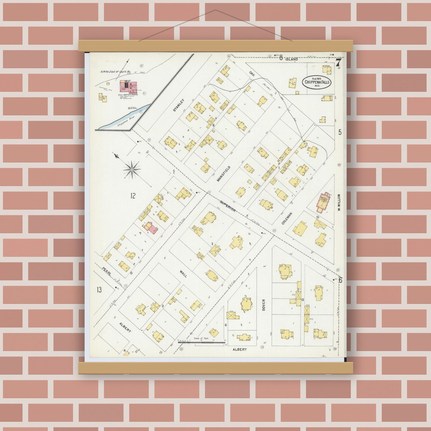 Old map wall art mockup — magnetic wood frame on brick wall — Sanborn Fire Insurance Map from Chippewa Falls, Chippewa County, Wisconsin (1903), Sheet #0007