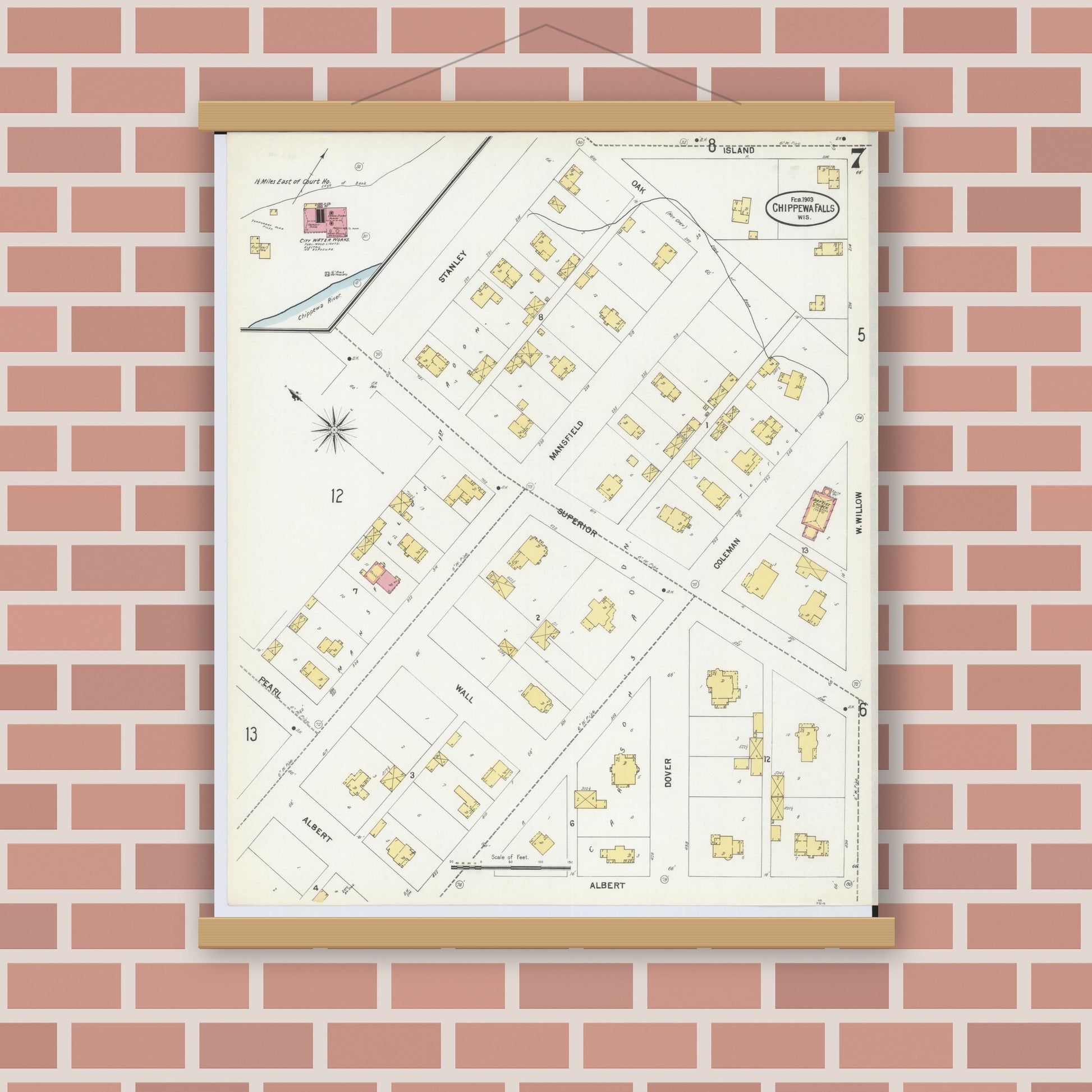 Old map wall art mockup — magnetic wood frame on brick wall — Sanborn Fire Insurance Map from Chippewa Falls, Chippewa County, Wisconsin (1903), Sheet #0007