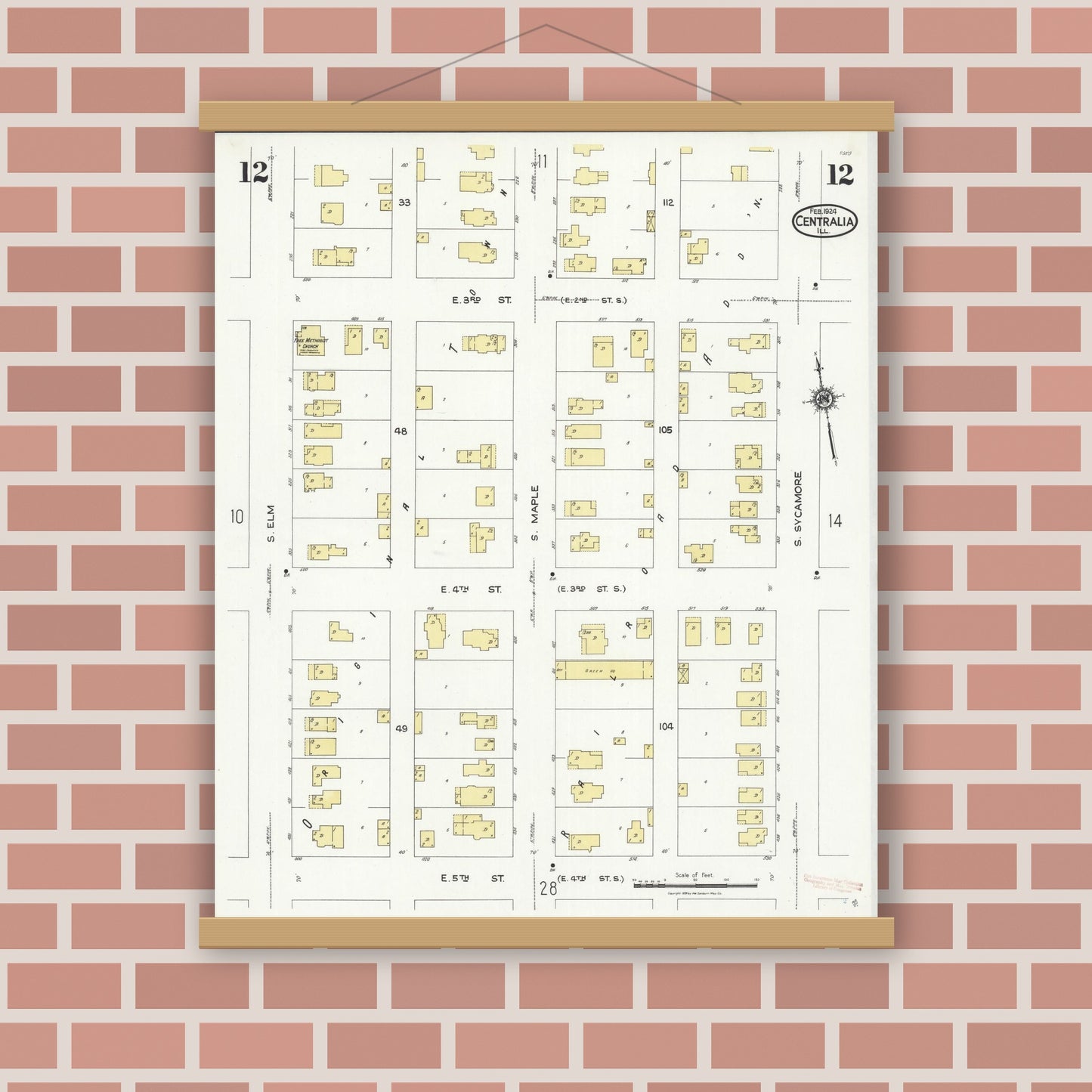 Old map wall art mockup — magnetic wood frame on brick wall — Sanborn Fire Insurance Map from Centralia, Marion, Clinton, Jefferson, and Washington Counties, Illinois (1924), Sheet #0012