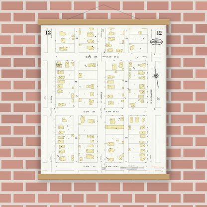 Old map wall art mockup — magnetic wood frame on brick wall — Sanborn Fire Insurance Map from Centralia, Marion, Clinton, Jefferson, and Washington Counties, Illinois (1924), Sheet #0012