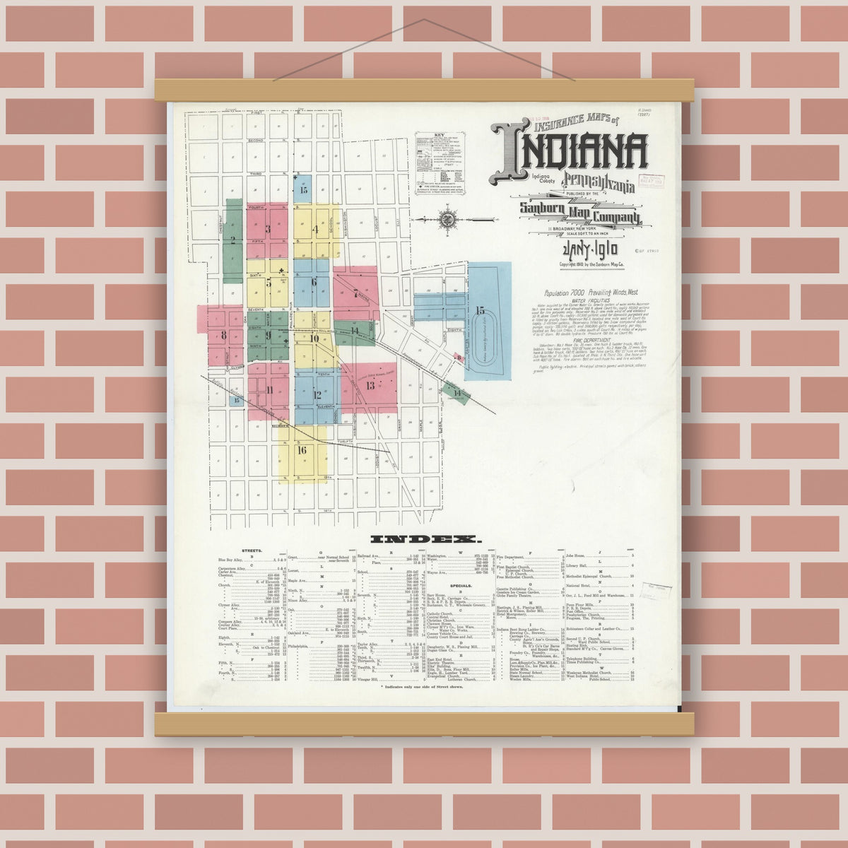 Old map wall art mockup — magnetic wood frame on brick wall — Sanborn Fire Insurance Map from Indiana, Indiana County, Pennsylvania (1910) - Complete Map Set