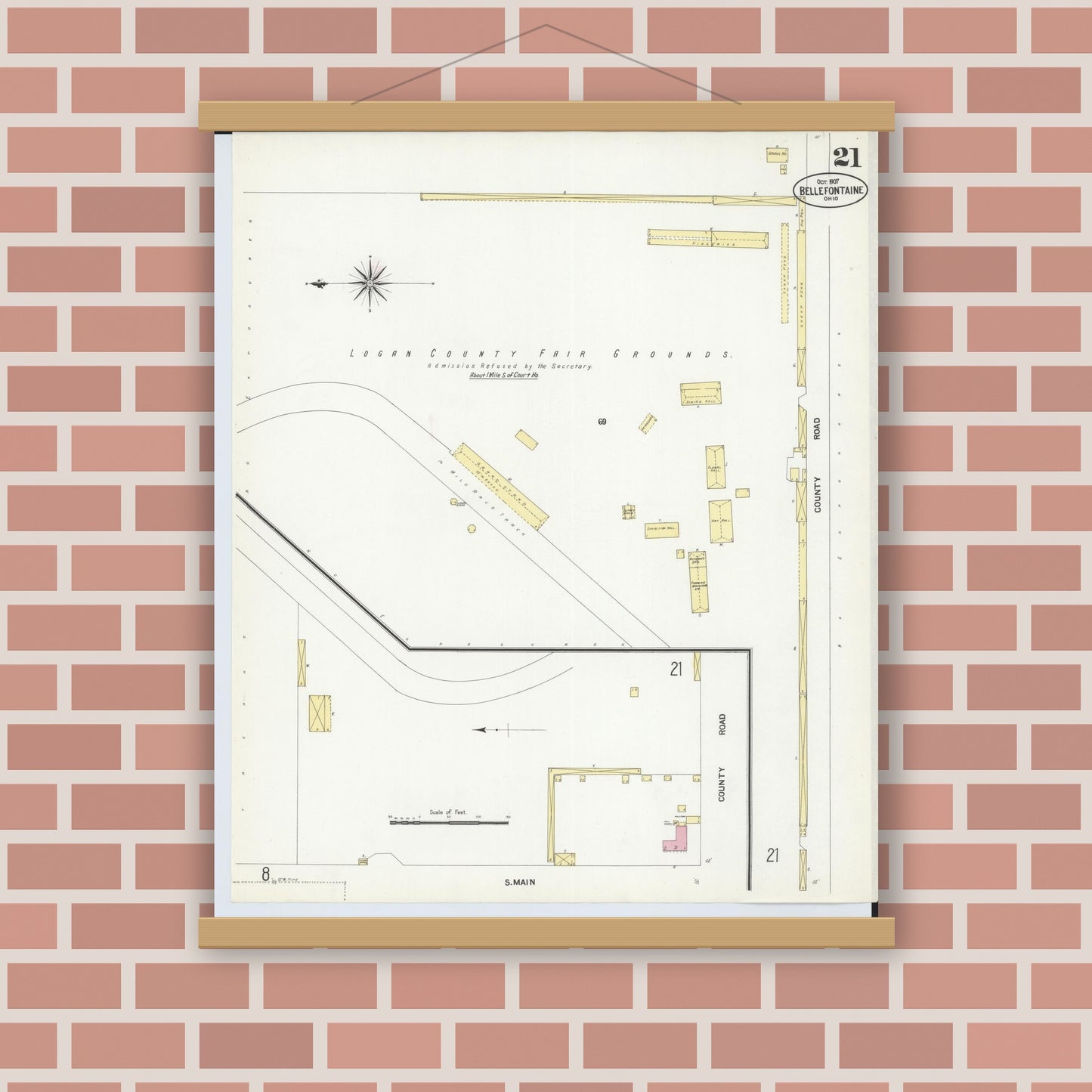 Old map wall art mockup — magnetic wood frame on brick wall — Sanborn Fire Insurance Map from Bellefontaine, Logan County, Ohio (1907), Sheet #0021