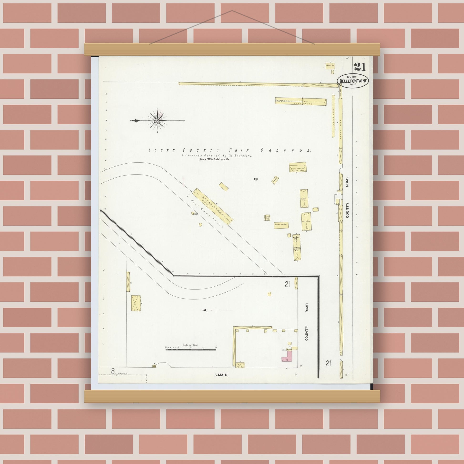 Old map wall art mockup — magnetic wood frame on brick wall — Sanborn Fire Insurance Map from Bellefontaine, Logan County, Ohio (1907), Sheet #0021