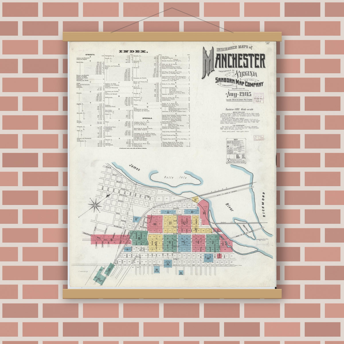 Old map wall art mockup — magnetic wood frame on brick wall — Sanborn Fire Insurance Map from Manchester, Chesterfield County, Virginia (1905), Sheet #0001