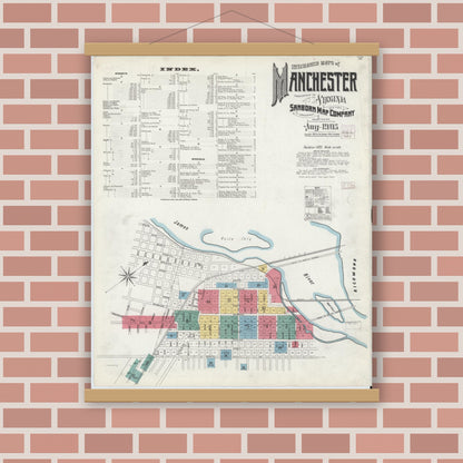 Old map wall art mockup — magnetic wood frame on brick wall — Sanborn Fire Insurance Map from Manchester, Chesterfield County, Virginia (1905), Sheet #0001