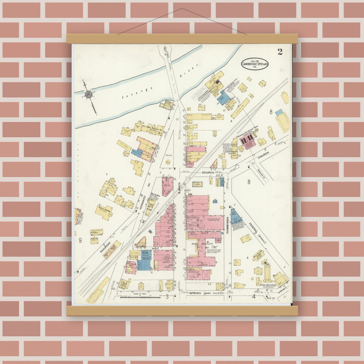 Old map wall art mockup — magnetic wood frame on brick wall — Sanborn Fire Insurance Map from Cambridge Springs, Crawford County, Pennsylvania (1911), Sheet #0002