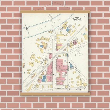 Old map wall art mockup — magnetic wood frame on brick wall — Sanborn Fire Insurance Map from Cambridge Springs, Crawford County, Pennsylvania (1911), Sheet #0002