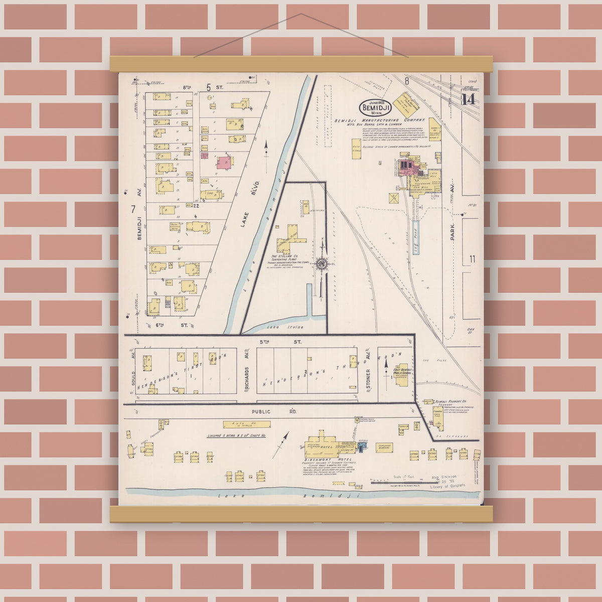 Old map wall art mockup — magnetic wood frame on brick wall — Sanborn Fire Insurance Map from Bemidji, Beltrami County, Minnesota (1922), Sheet #0014