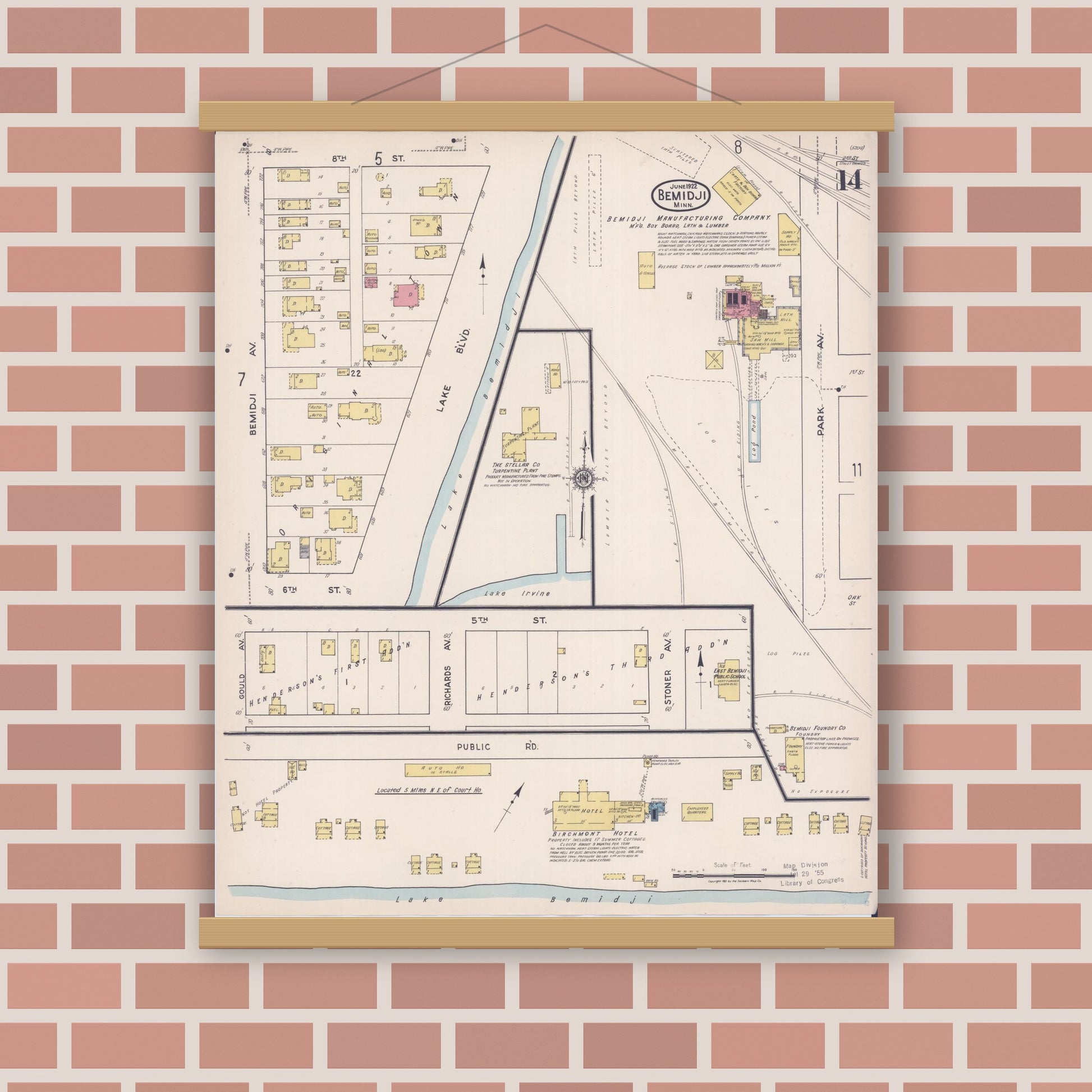 Old map wall art mockup — magnetic wood frame on brick wall — Sanborn Fire Insurance Map from Bemidji, Beltrami County, Minnesota (1922), Sheet #0014