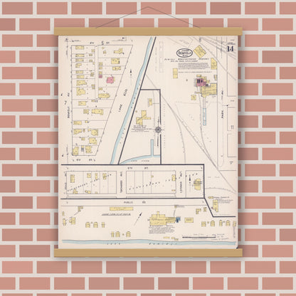 Old map wall art mockup — magnetic wood frame on brick wall — Sanborn Fire Insurance Map from Bemidji, Beltrami County, Minnesota (1922), Sheet #0014