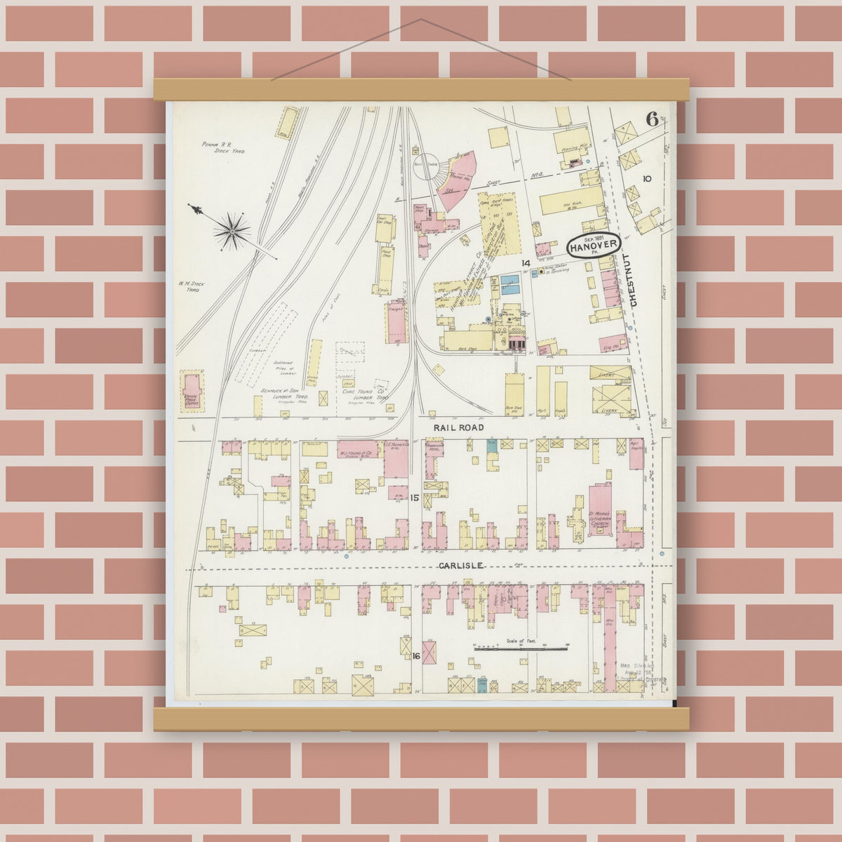 Old map wall art mockup — magnetic wood frame on brick wall — Sanborn Fire Insurance Map from Hanover, York County, Pennsylvania (1891), Sheet #0006