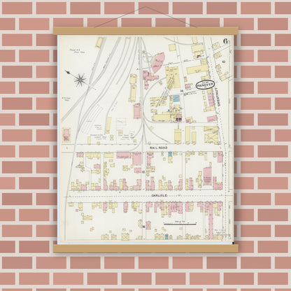 Old map wall art mockup — magnetic wood frame on brick wall — Sanborn Fire Insurance Map from Hanover, York County, Pennsylvania (1891), Sheet #0006