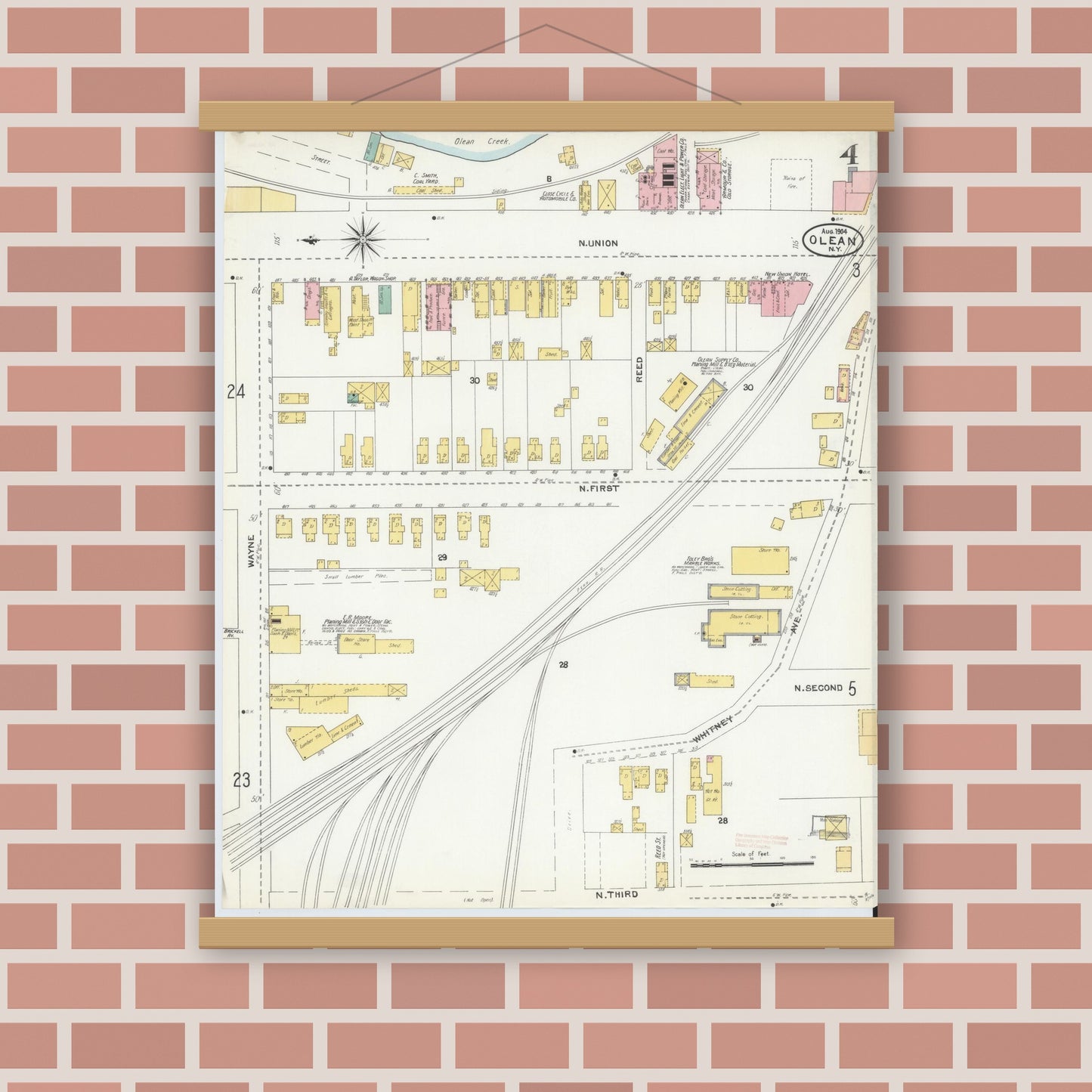 Old map wall art mockup — magnetic wood frame on brick wall — Sanborn Fire Insurance Map from Olean, Cattaraugus County, New York (1904), Sheet #0004