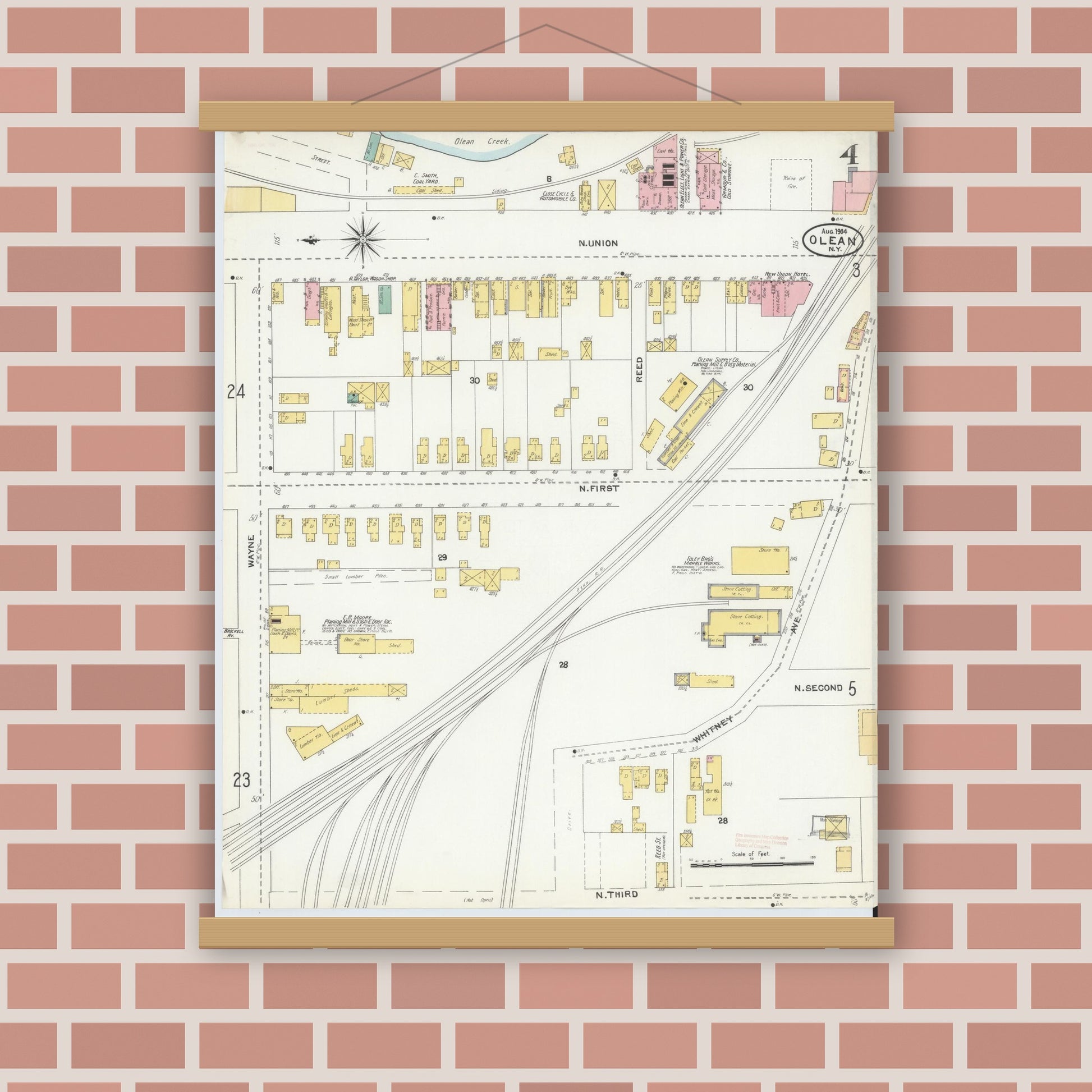 Old map wall art mockup — magnetic wood frame on brick wall — Sanborn Fire Insurance Map from Olean, Cattaraugus County, New York (1904), Sheet #0004