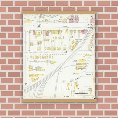 Old map wall art mockup — magnetic wood frame on brick wall — Sanborn Fire Insurance Map from Olean, Cattaraugus County, New York (1904), Sheet #0004