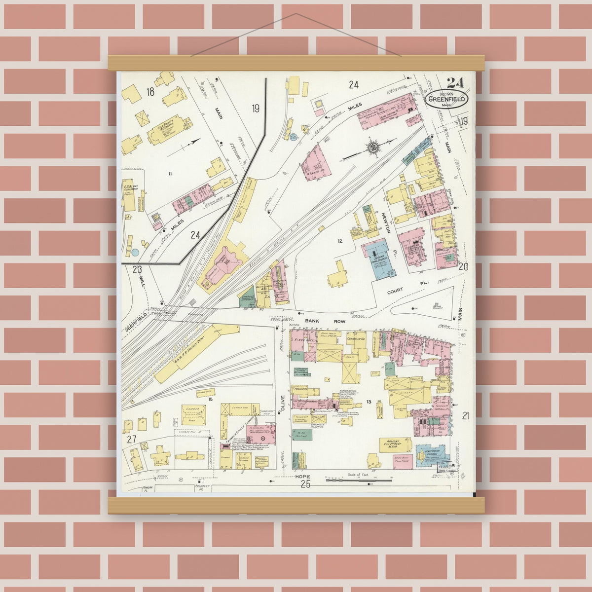 Old map wall art mockup — magnetic wood frame on brick wall — Sanborn Fire Insurance Map from Greenfield, Franklin County, Massachusetts (1909), Sheet #0024
