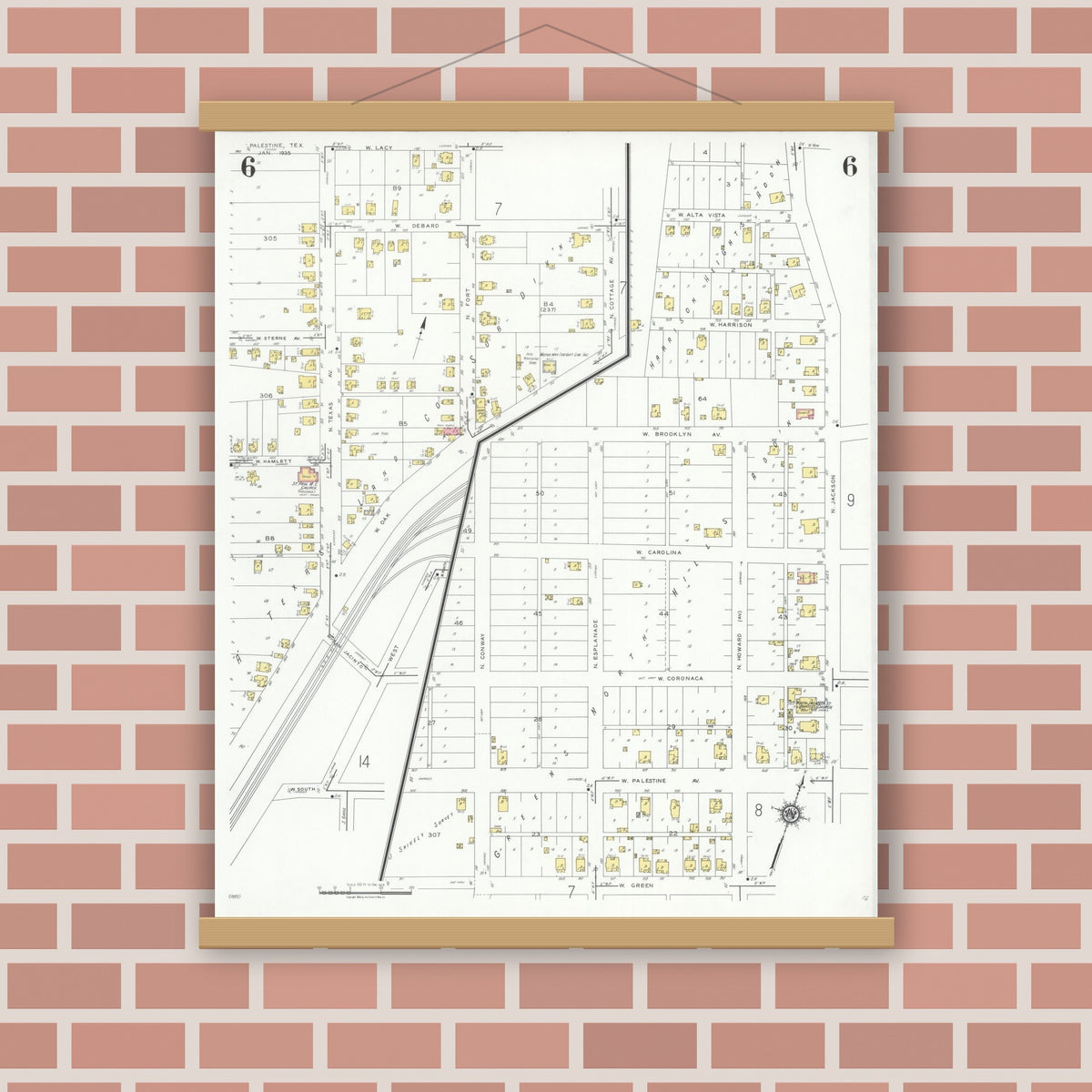 Old map wall art mockup — magnetic wood frame on brick wall — Sanborn Fire Insurance Map from Palestine, Anderson County, Texas (1935), Sheet #0006