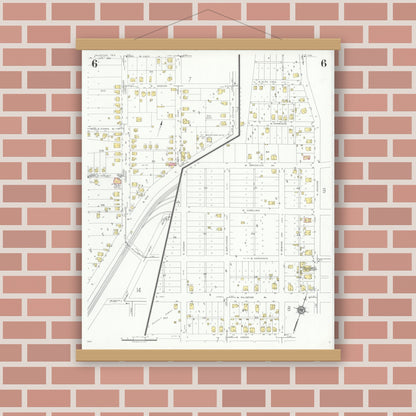 Old map wall art mockup — magnetic wood frame on brick wall — Sanborn Fire Insurance Map from Palestine, Anderson County, Texas (1935), Sheet #0006