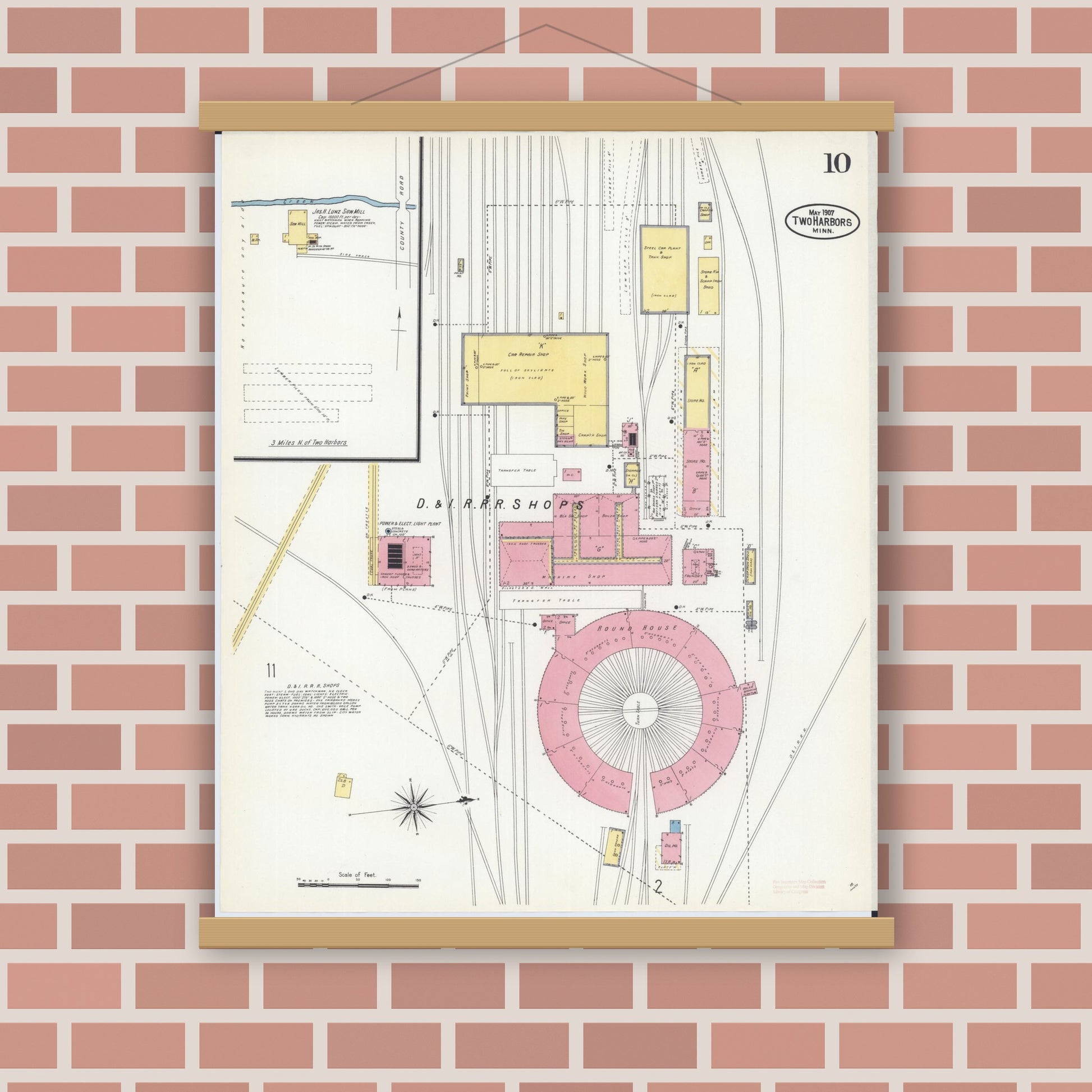 Old map wall art mockup — magnetic wood frame on brick wall — Sanborn Fire Insurance Map from Two Harbors, Lake County, Minnesota (1907), Sheet #0010