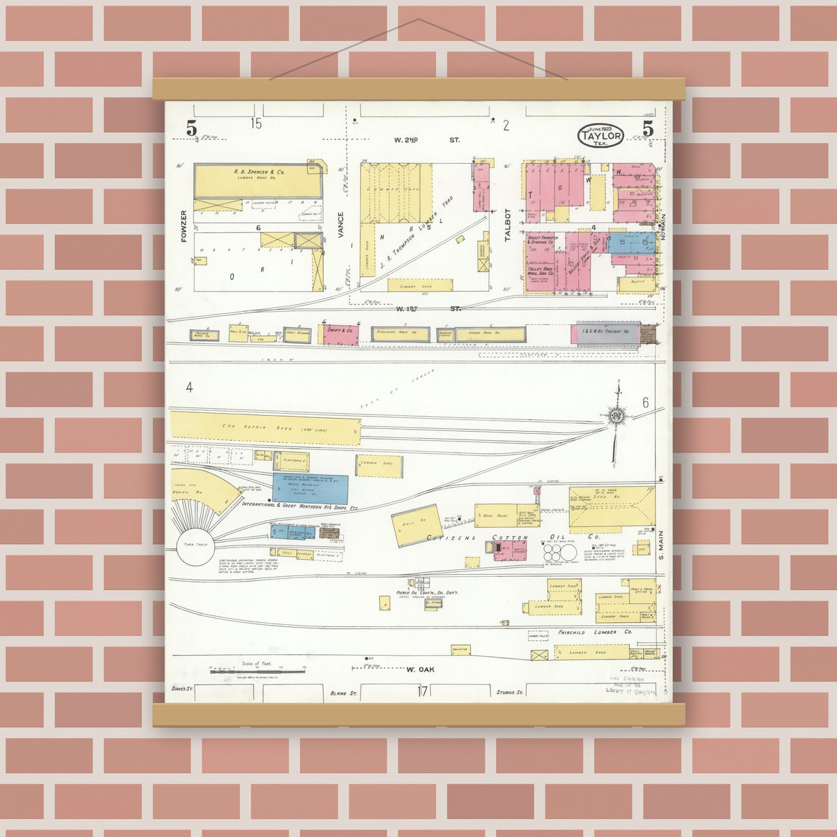 Old map wall art mockup — magnetic wood frame on brick wall — Sanborn Fire Insurance Map from Taylor, Williamson County, Texas (1923), Sheet #0005