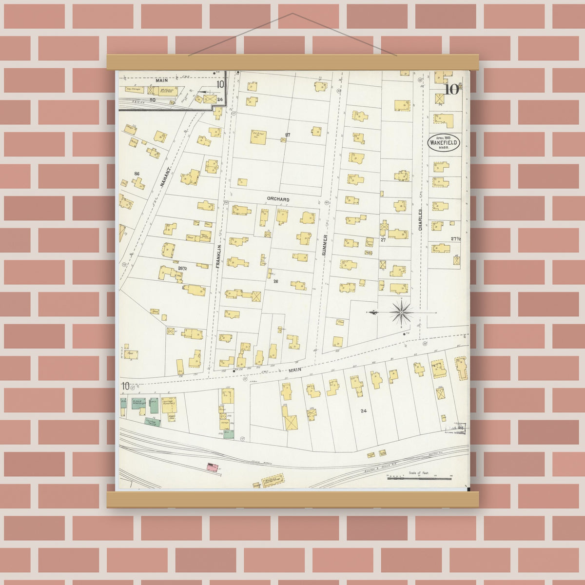 Old map wall art mockup — magnetic wood frame on brick wall — Sanborn Fire Insurance Map from Wakefield, Middlesex County, Massachusetts (1903), Sheet #0010