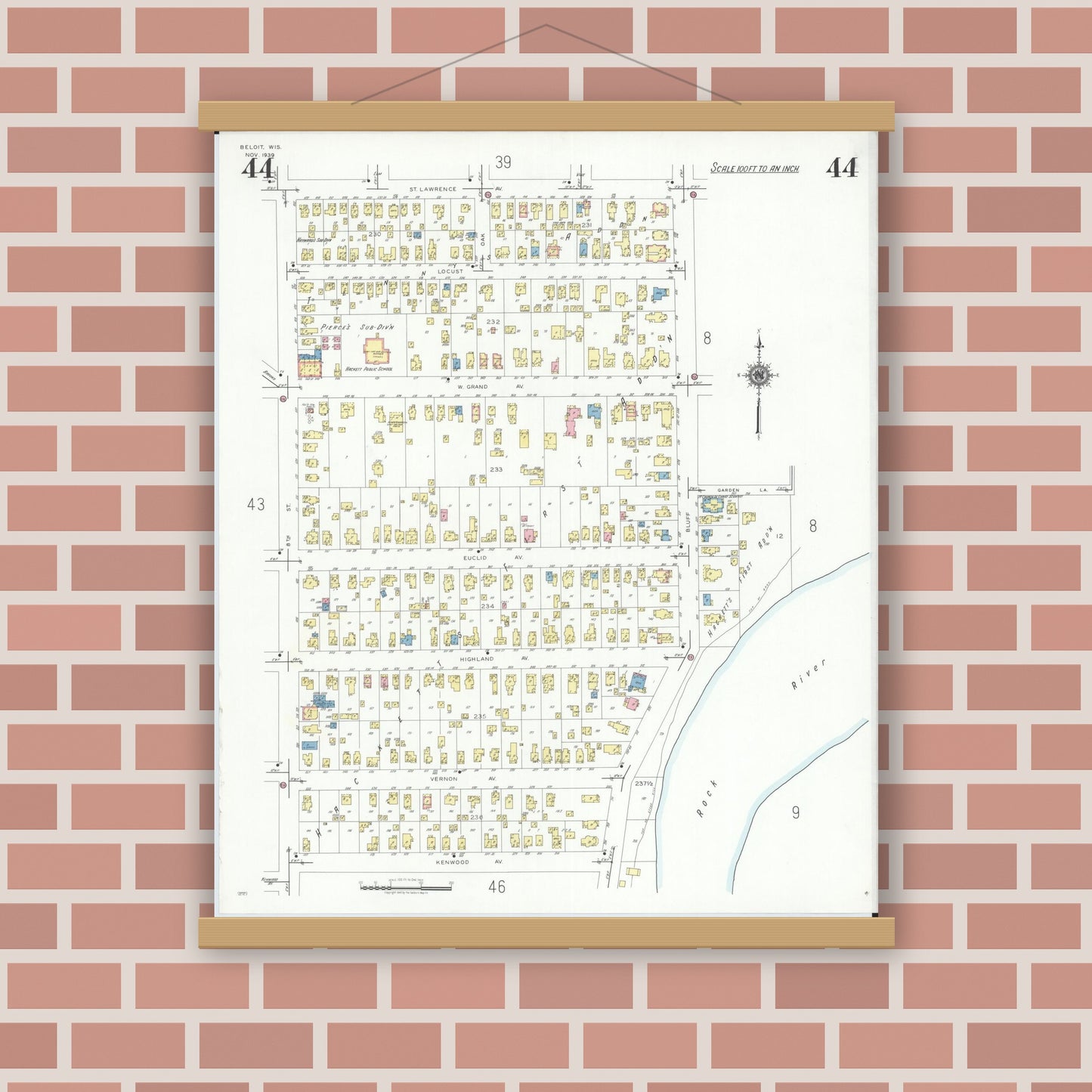 Old map wall art mockup — magnetic wood frame on brick wall — Sanborn Fire Insurance Map from Beloit, Rock County, Wisconsin (1939), Sheet #0044