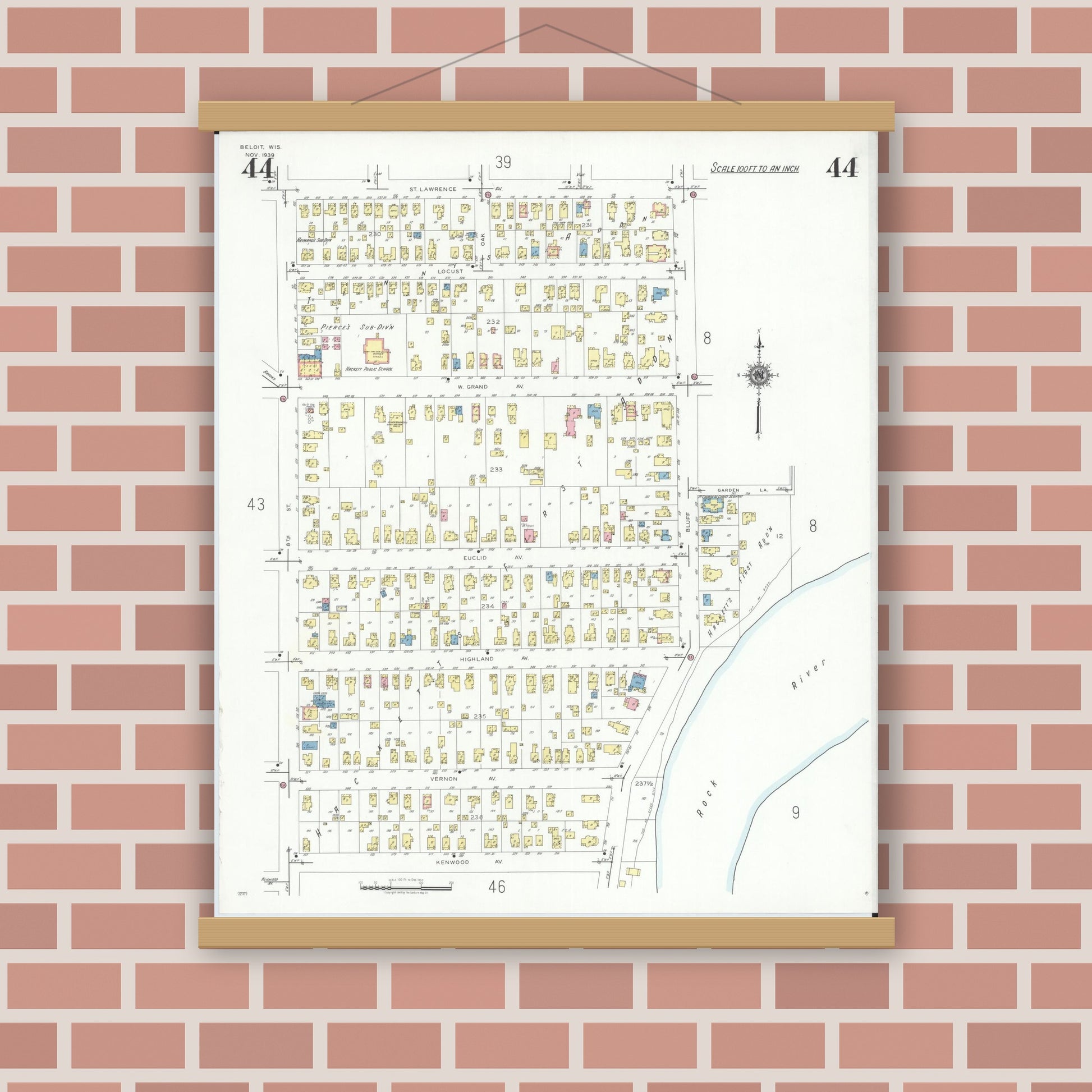 Old map wall art mockup — magnetic wood frame on brick wall — Sanborn Fire Insurance Map from Beloit, Rock County, Wisconsin (1939), Sheet #0044
