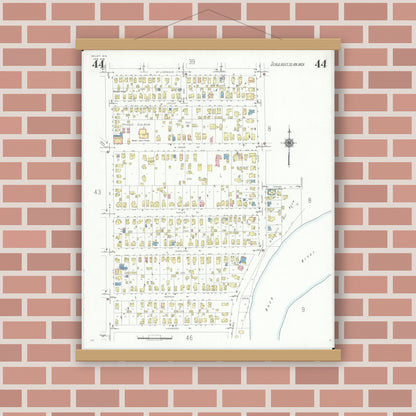 Old map wall art mockup — magnetic wood frame on brick wall — Sanborn Fire Insurance Map from Beloit, Rock County, Wisconsin (1939), Sheet #0044