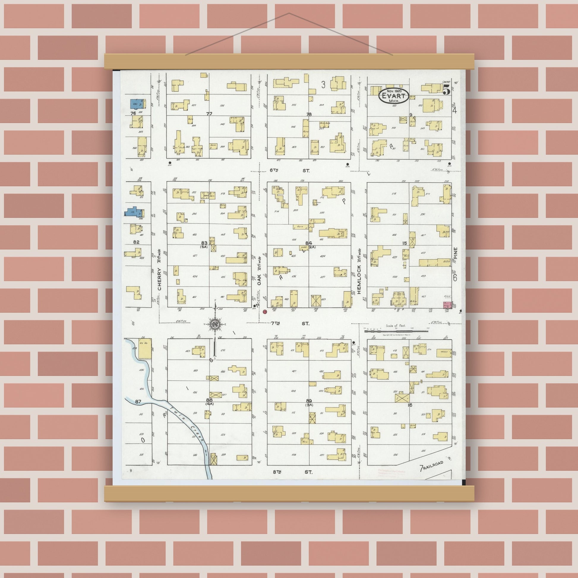 Old map wall art mockup — magnetic wood frame on brick wall — Sanborn Fire Insurance Map from Evart, Osceola County, Michigan (1920), Sheet #0005