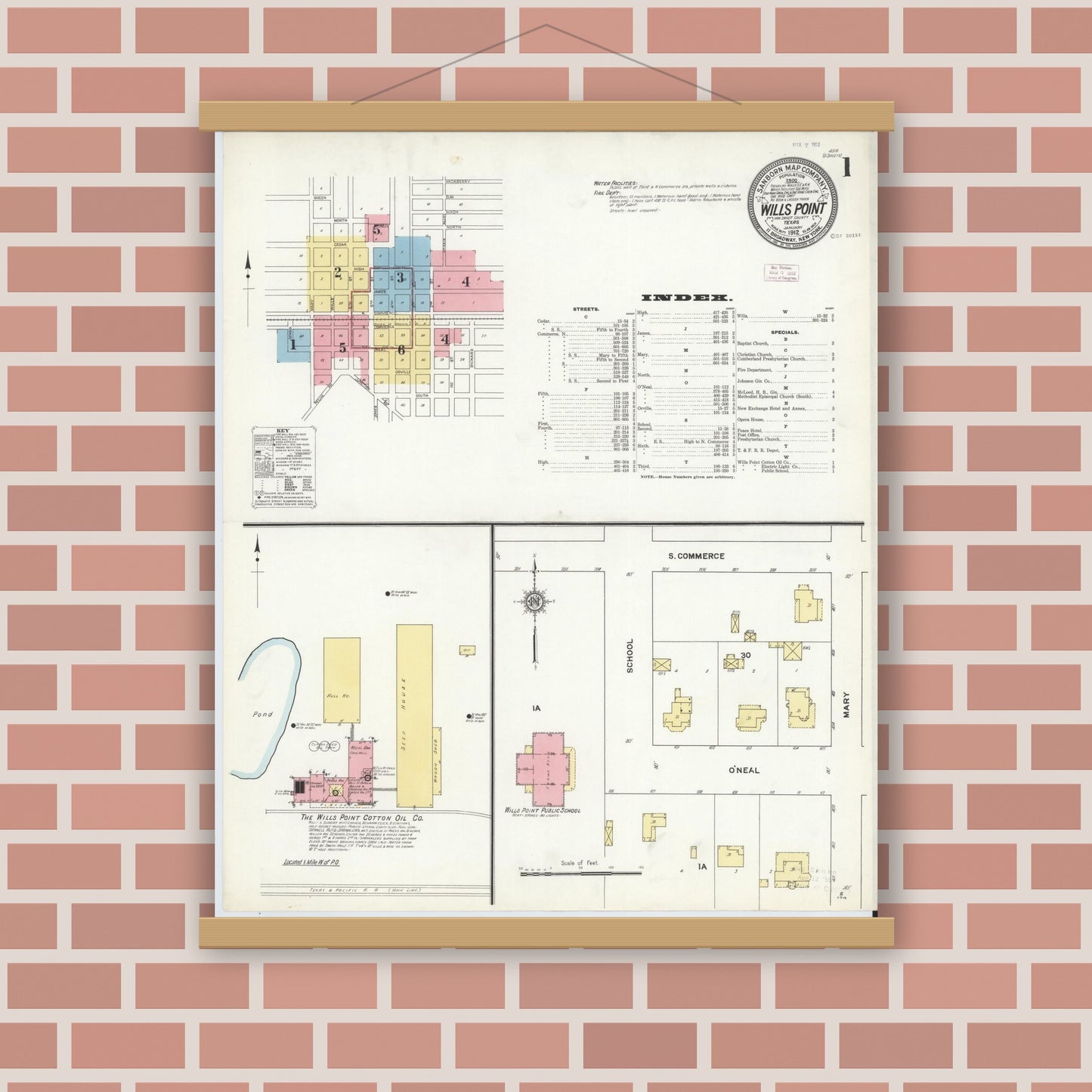 Old map wall art mockup — magnetic wood frame on brick wall — Sanborn Fire Insurance Map from Wills Point, Van Zandt County, Texas (1912), Sheet #0001